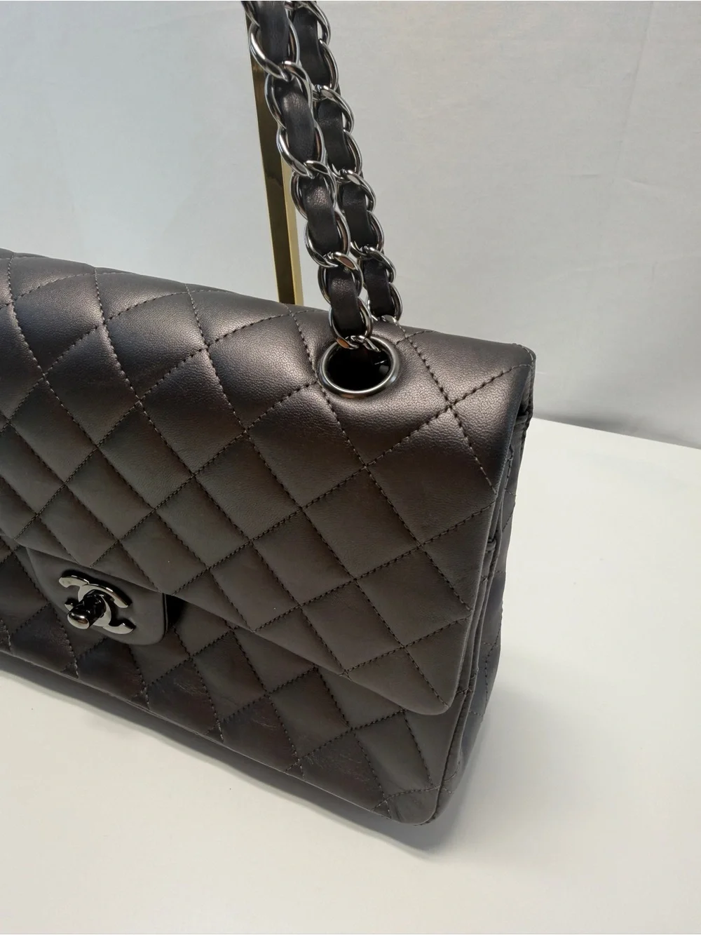 CHANEL Quilted Double Flap Shoulder Bag in Gray